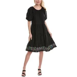 Johnny Was Jade Amanza‎ Babydoll Dress Black Embroidered Eyelet Oversize S